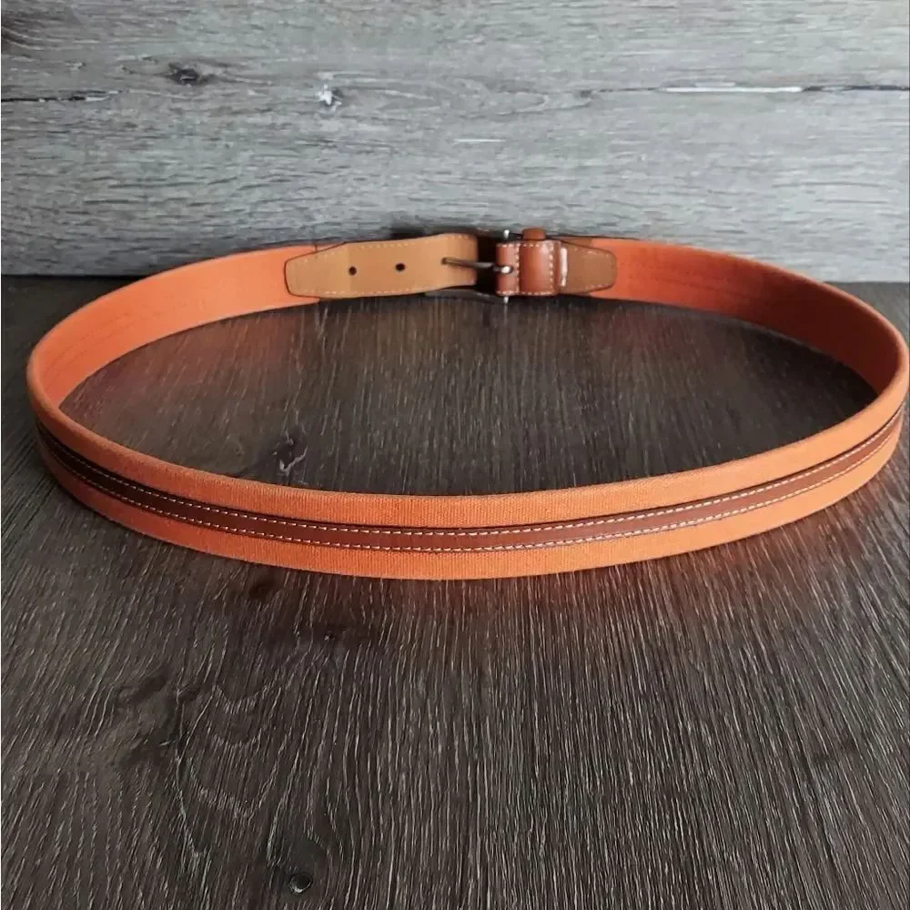 Men's Orange Cotton Canvas Web Belt with Brown Leather Trim Sz 40